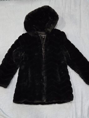 Black Faux Fur Hooded Coat - Women